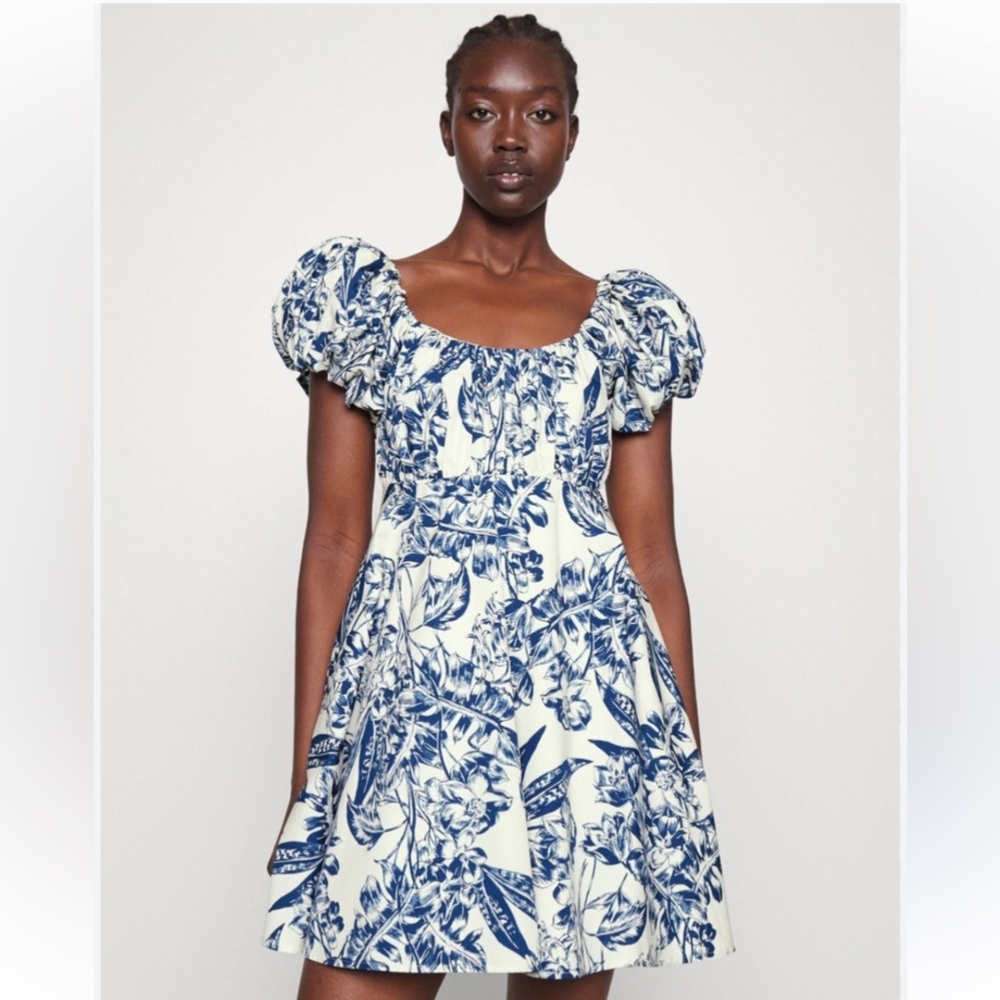 Abercrombie & Fitch Blue and White Puff Sleeve Mini Dress